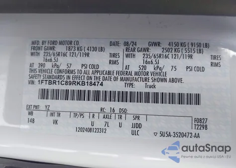 2024 Ford Transit-250 from USA, damaged, VIN 1FTBR1C89RKB18474